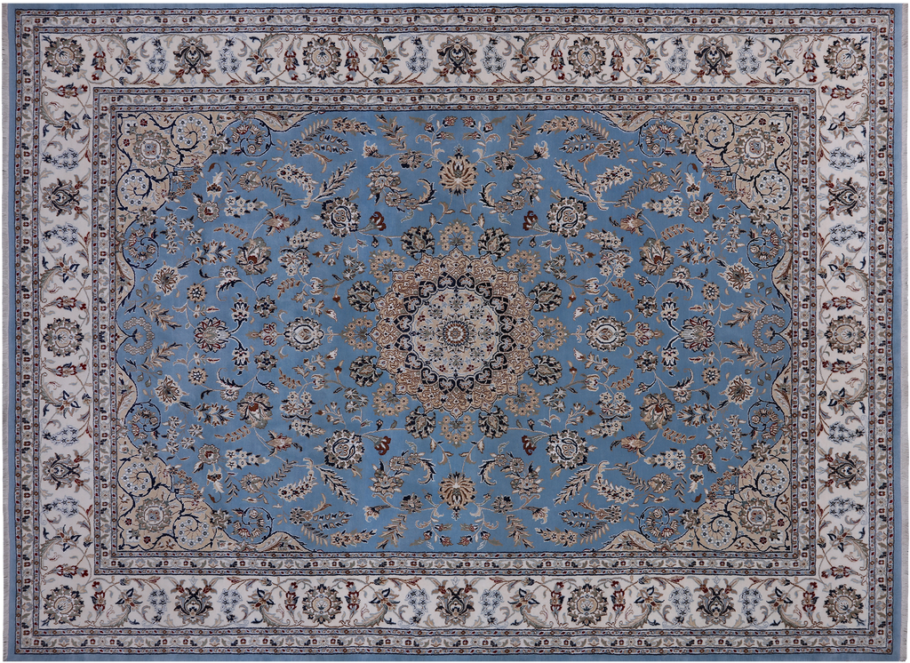 Blue 8' 10" X 12' 1" Persian Nain Hand Knotted Wool & Silk Rug - Q24015