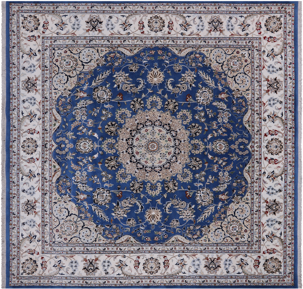 Blue 9' Square Persian Nain Handmade Wool & Silk Rug - Q24016