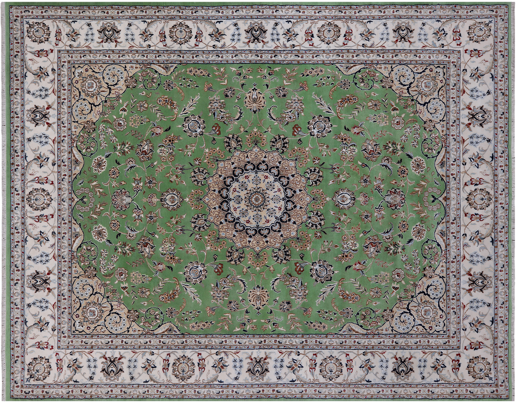 Green Persian Nain Hand Knotted Wool & Silk 7' 11" X 10' 0" Rug - Q24017