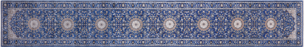 Blue 2' 9" X 18' 2" Persian Nain Hand Knotted Wool & Silk Runner Rug - Q24022