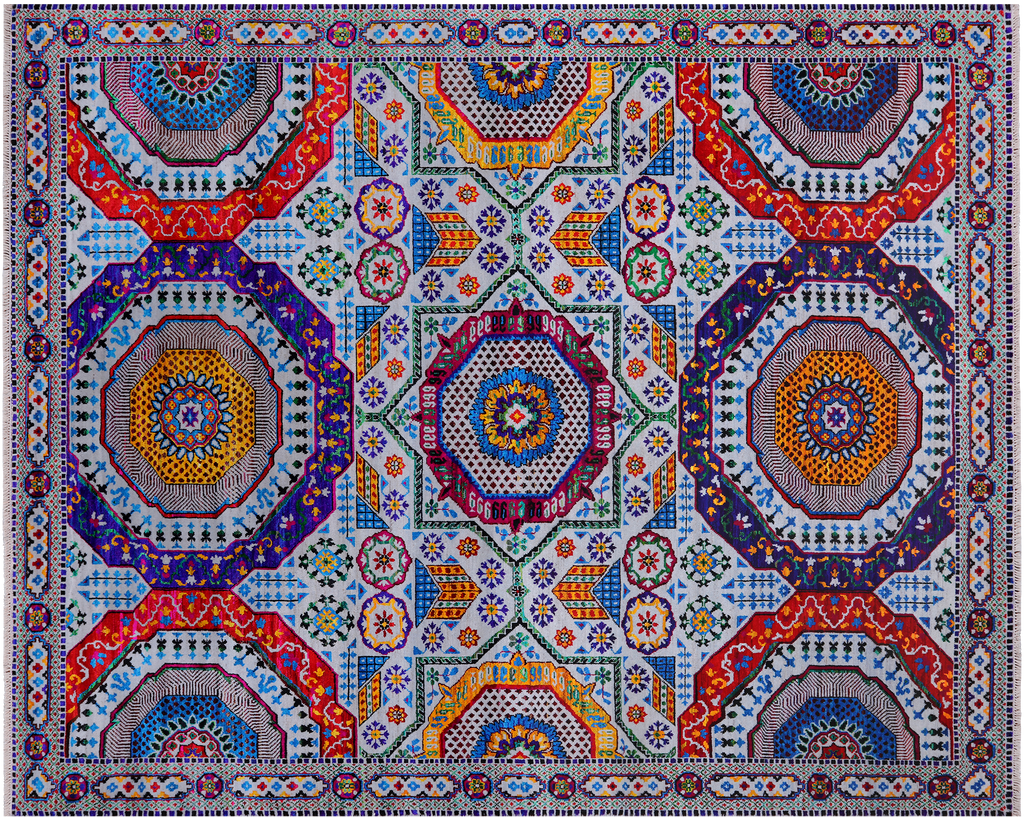 Grey 8' 1" X 10' 0" Wool & Silk Mamluk Hand Knotted Rug - Q24024