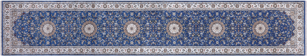 Blue 2' 6" X 14' 0" Persian Nain Hand Knotted Wool & Silk Runner Rug - Q24026