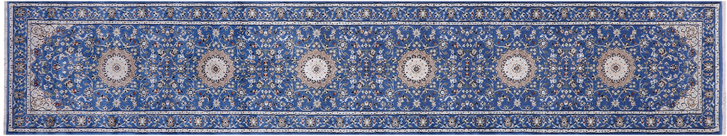 Blue Persian Nain Hand Knotted Wool & Silk Runner Rug 2' 7" X 14' 0" - Q24027