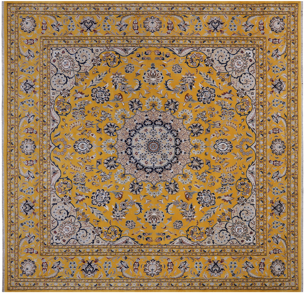 Gold 10' Square Persian Nain Handmade Wool & Silk Rug - Q24034