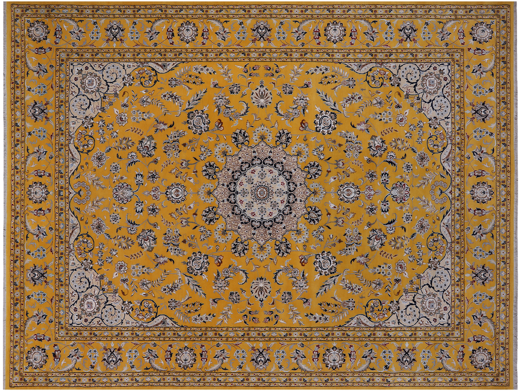 Gold Persian Nain Hand Knotted Wool & Silk Rug 9' 2" X 12' 2" - Q24036