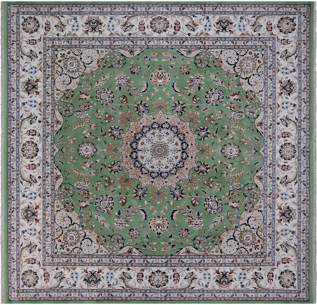 Green 10' Square Wool & Silk Persian Nain Handmade Rug - Q24037