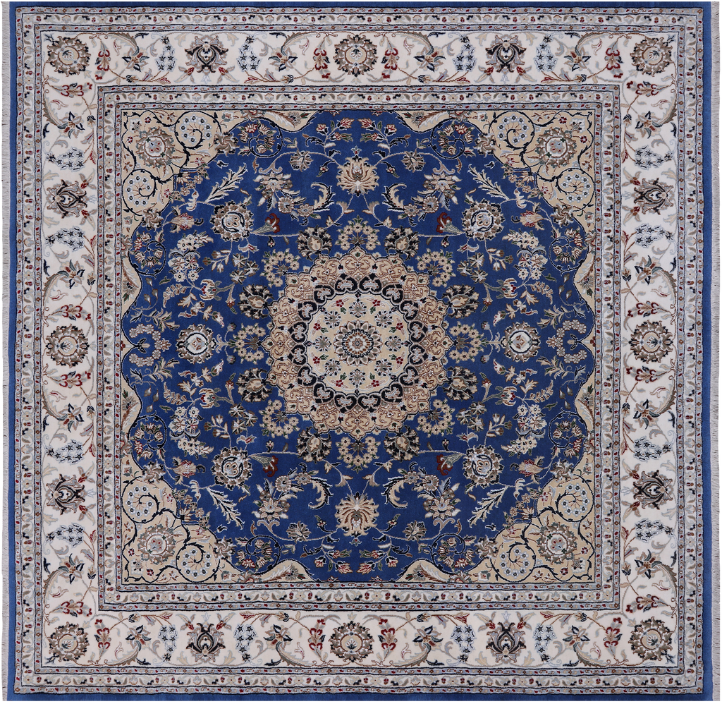 Blue 8' Square Persian Nain Handmade Wool & Silk Rug - Q24038