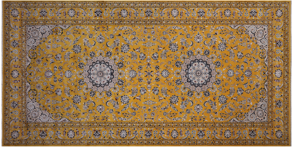 Gold 9' 1" X 18' 2" Handmade Persian Nain Wool & Silk Rug - Q24039