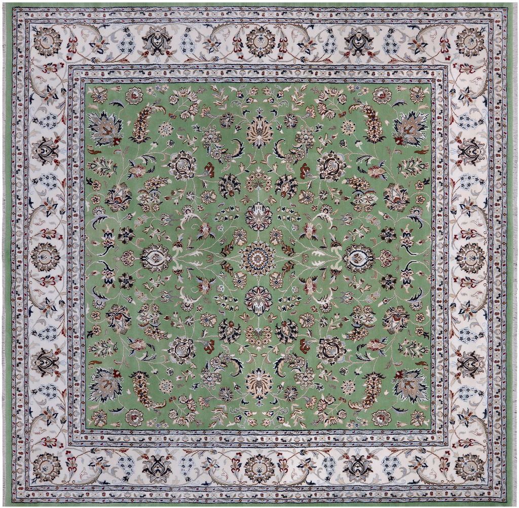 Green 8' Square Wool & Silk Persian Nain Hand Knotted Rug - Q24041