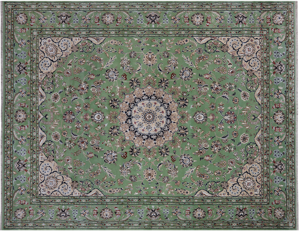 Green 7' 10" X 10' 2" Persian Nain Hand-Knotted Wool & Silk Rug - Q24042