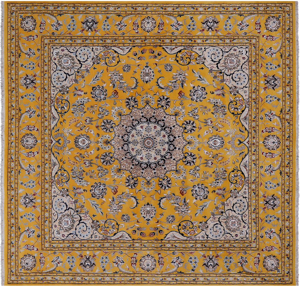 Gold 8' Square Wool & Silk Persian Nain Hand-Knotted Rug - Q24043