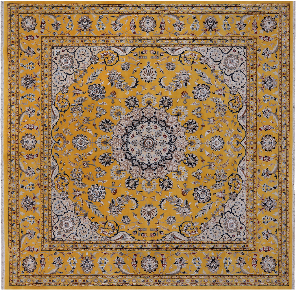 Gold 9' Square Persian Nain Hand Knotted Wool & Silk Rug - Q24048