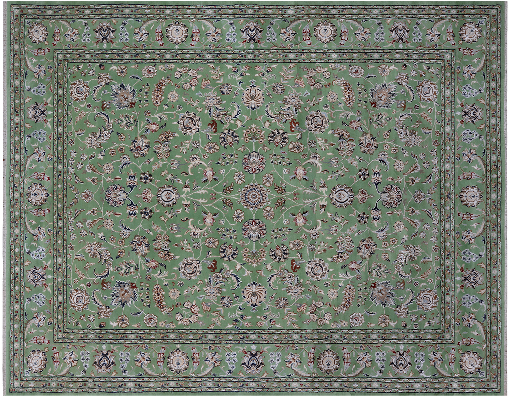 Green 8' 2" X 10' 4" Persian Nain Wool & Silk Hand Knotted Rug - Q24049