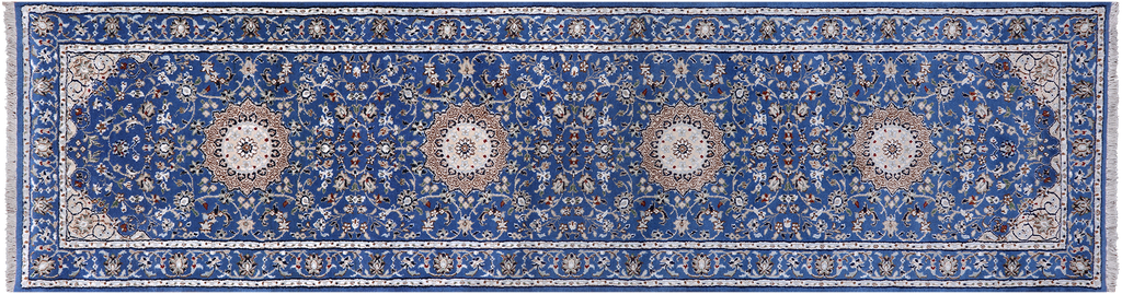 Blue 2' 8" X 10' 3" Persian Nain Handmade Wool & Silk Runner Rug - Q24051