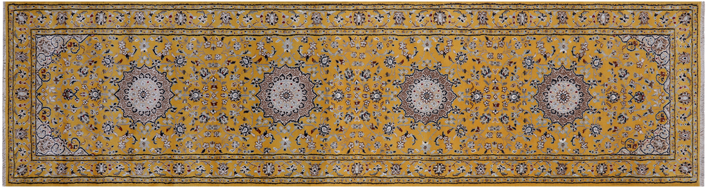 Gold 2' 8" X 10' 1" Runner Persian Nain Handmade Wool & Silk Rug - Q24052