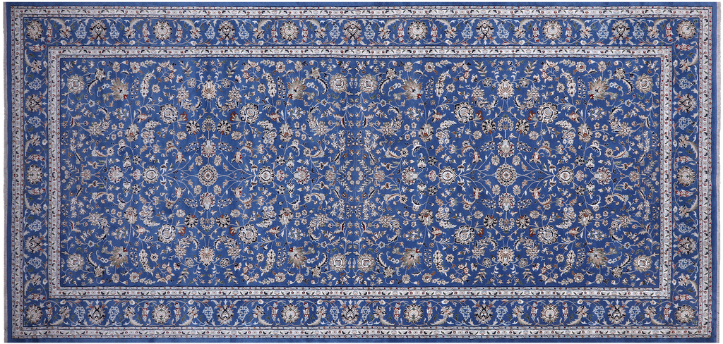 Blue 9' 0" X 19' 1" Persian Nain Handmade Wool & Silk Rug - Q24053