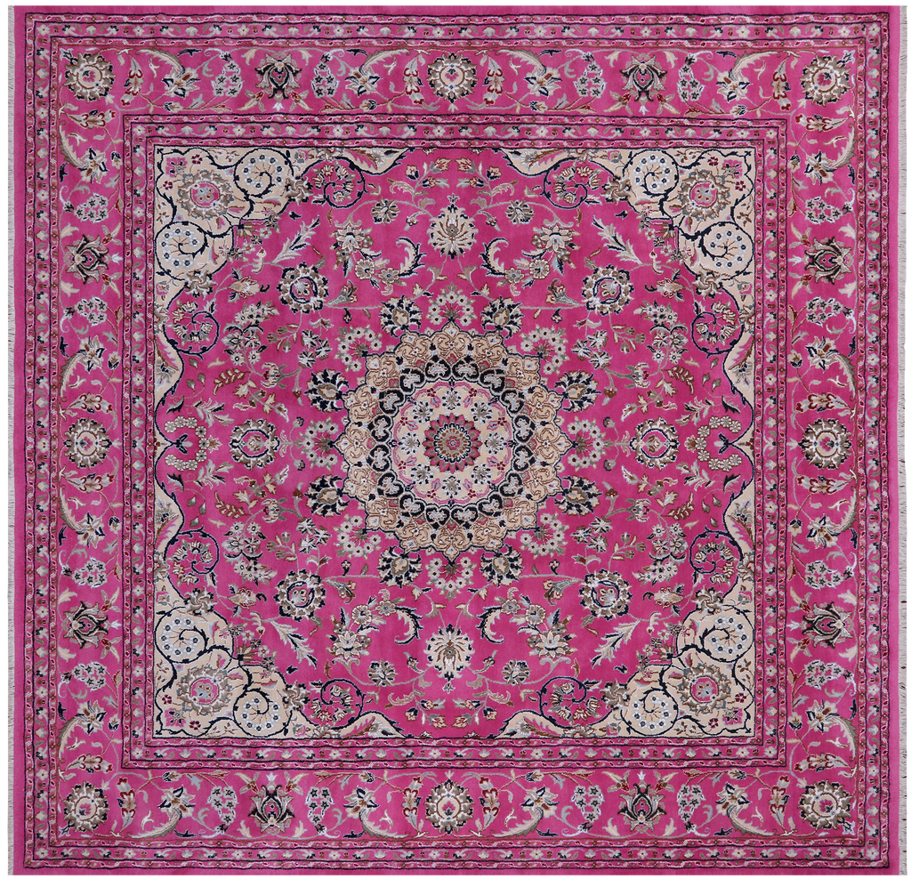 Pink 8' Square Wool & Silk Persian Nain Hand-Knotted Rug - Q24054