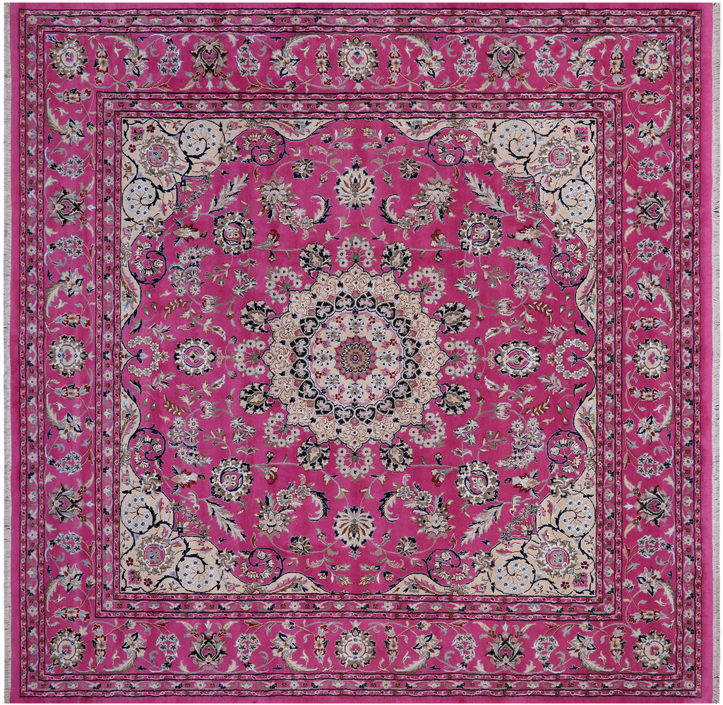 Pink 9' Square Persian Nain Handmade Wool & Silk Rug - Q24055