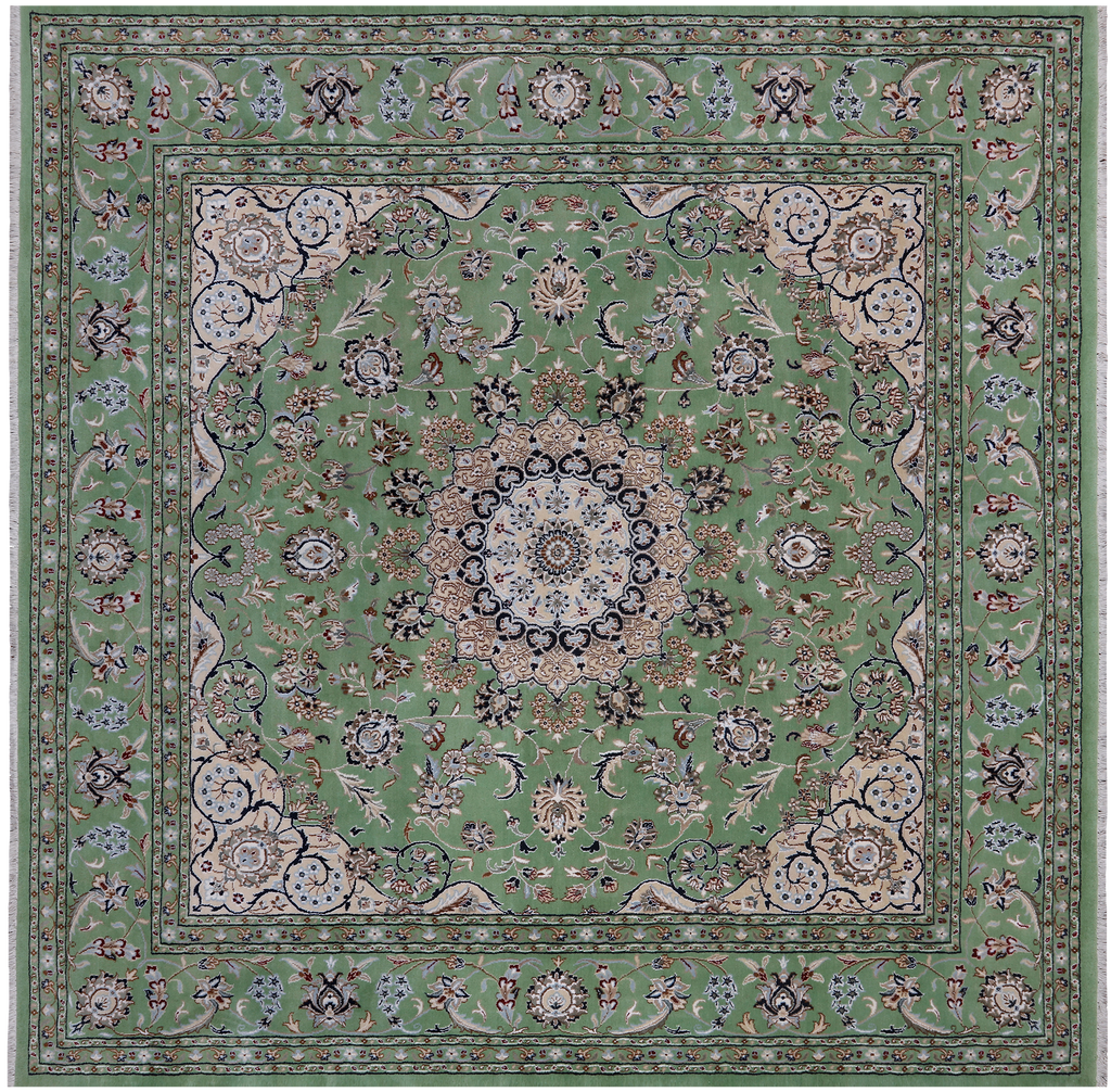 Green 8' Square Wool & Silk Persian Nain Handmade Rug - Q24057