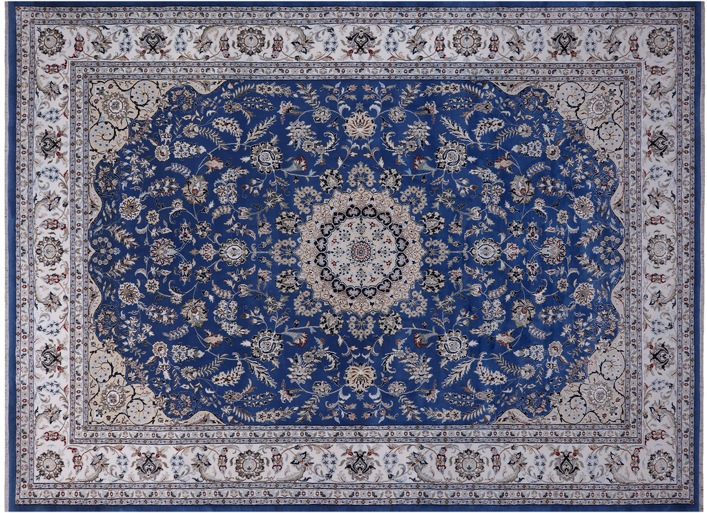 Blue 10' 3" X 14' 5" Persian Nain Handmade Wool & Silk Rug - Q24058