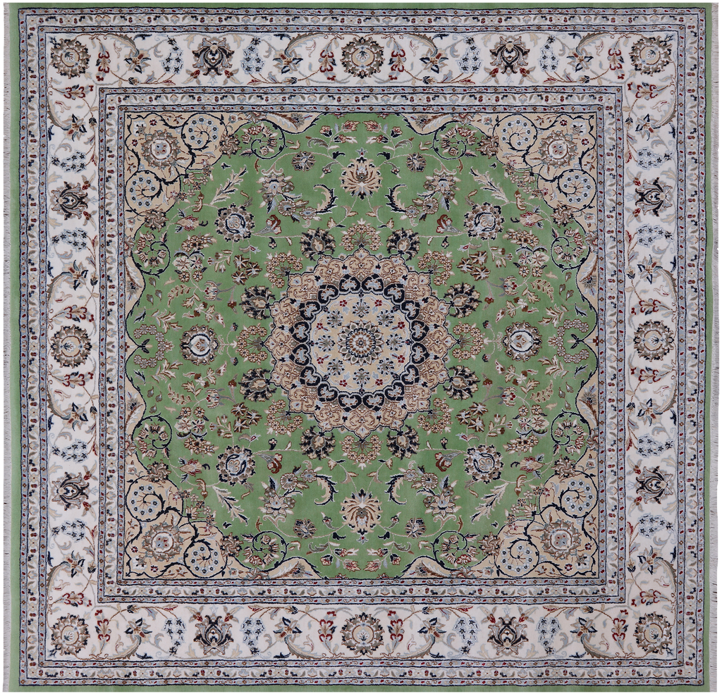 Green 8' Square Wool & Silk Persian Nain Hand Knotted Rug - Q24061