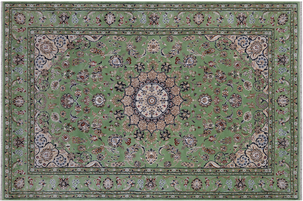 Green 6' 1" X 9' 2" Persian Nain Handmade Wool & Silk Rug - Q24099