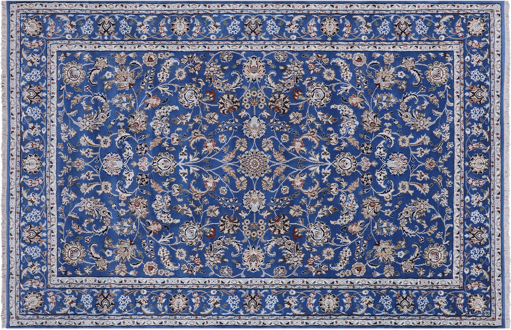 Blue 6' 0" X 9' 2" Persian Nain Handmade Wool & Silk Rug - Q24063