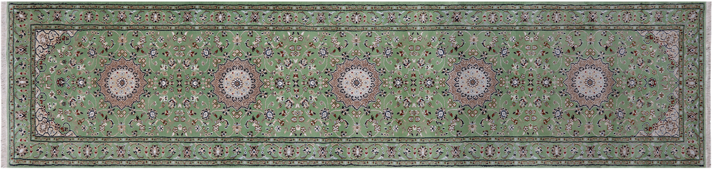Green 2' 9" X 11' 10" Runner Persian Nain Handmade Wool & Silk Rug - Q24064