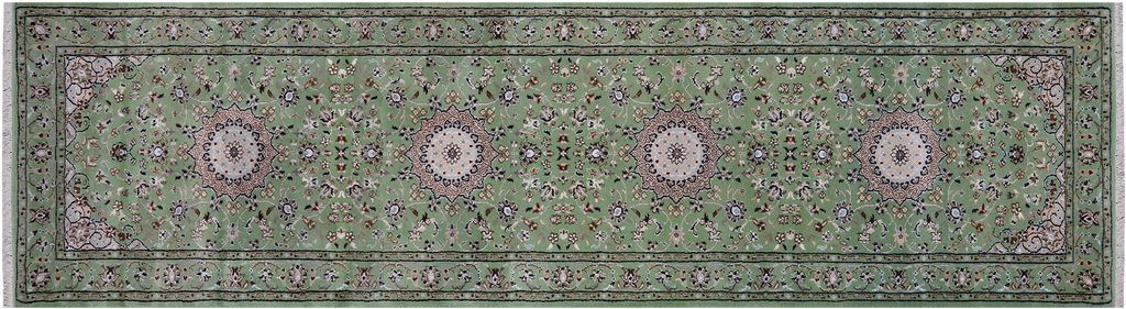 Green 2' 8" X 10' 0" Persian Nain Hand-Knotted Wool & Silk Runner Rug - Q24065