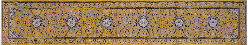 Gold 2' 7" X 14' 4" Runner Persian Nain Handmade Wool & Silk Rug - Q24069