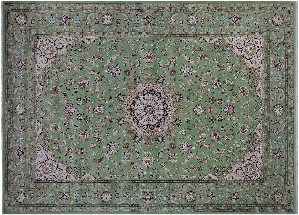 Green 10' 3" X 14' 2" Persian Nain Handmade Wool & Silk Rug - Q24070
