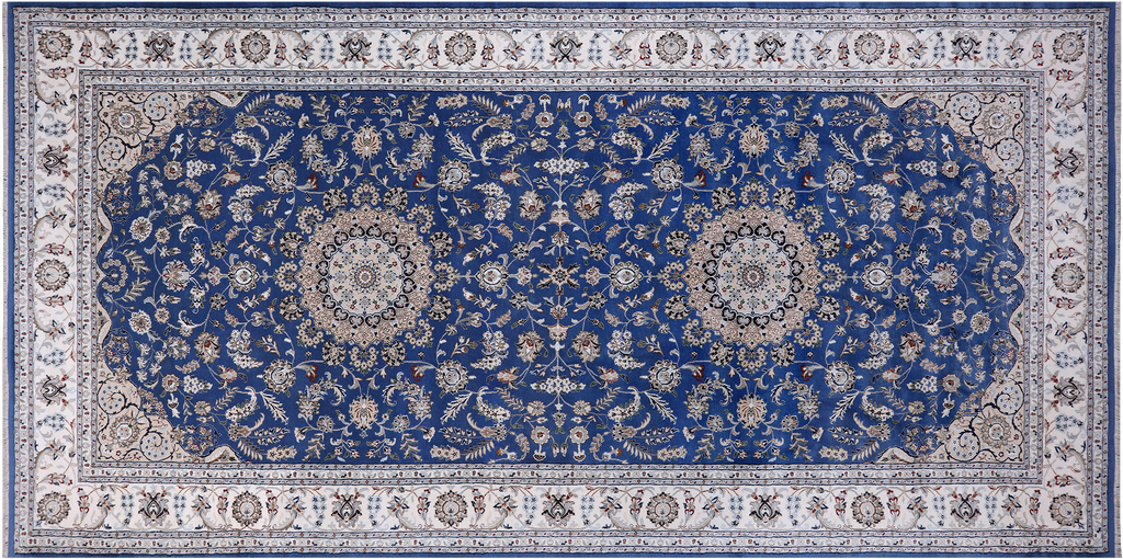 Blue 8' 0" X 16' 5" Persian Nain Hand-Knotted Wool & Silk Rug - Q24073