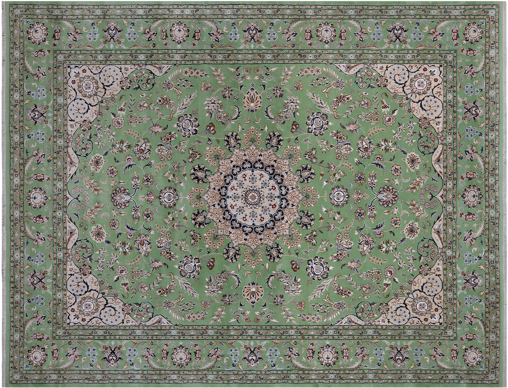 Green 8' 11" X 11' 11" Persian Nain Hand Knotted Wool & Silk Rug - Q24074