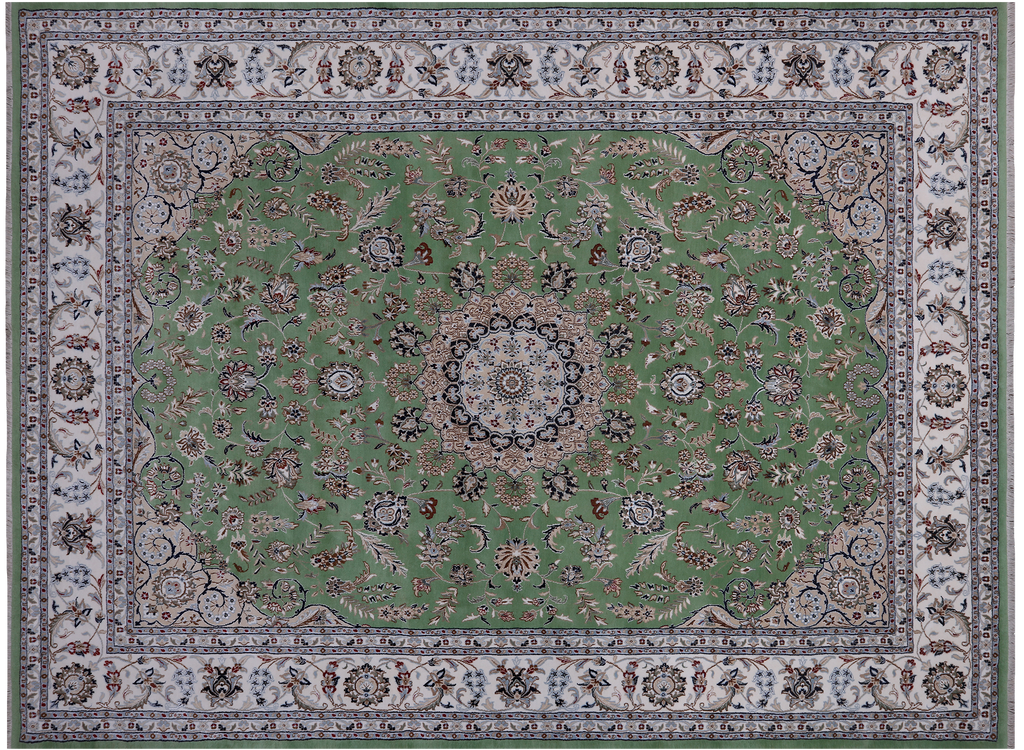 Green 9' 0" X 12' 2" Persian Nain Hand Knotted Wool & Silk Rug - Q24075