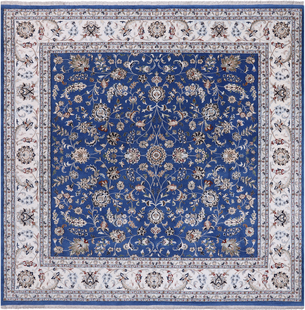 Blue 9' Square Persian Nain Handmade Wool & Silk Rug - Q24076