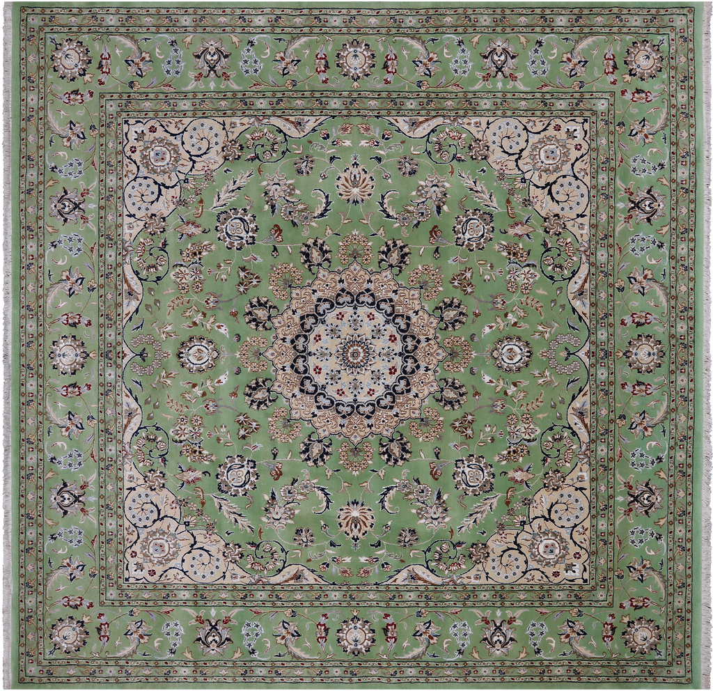 Green 9' Square Persian Nain Hand-Knotted Wool & Silk Rug - Q24077
