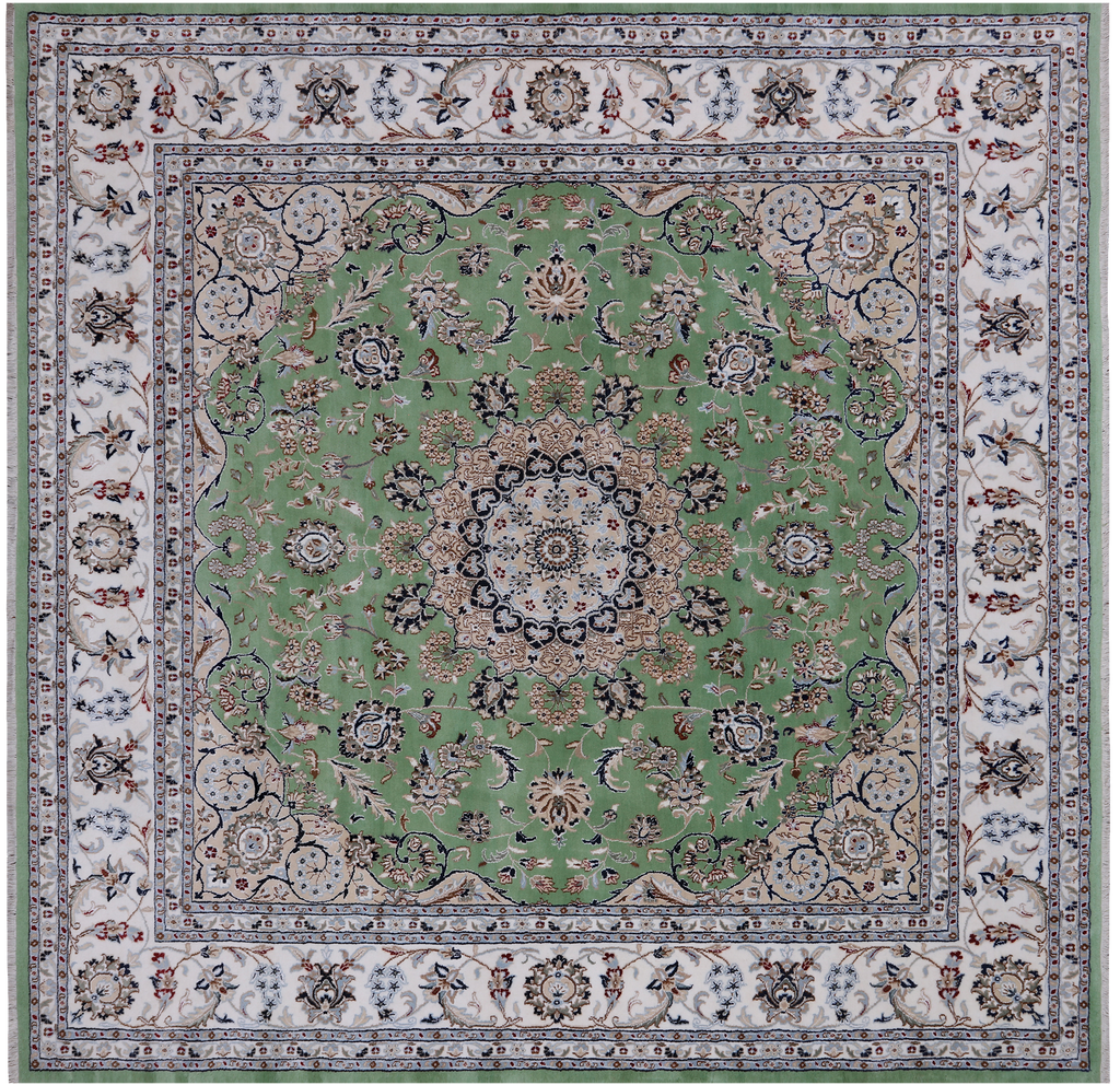 Green 9' Square Persian Nain Hand Knotted Wool & Silk Rug - Q24078