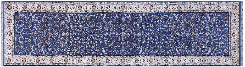 Blue 2' 9" X 10' 2" Wool & Silk Persian Nain Hand Knotted Runner Rug - Q24081