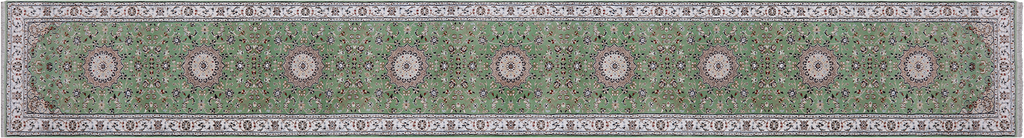 Green 2' 8" X 20' 3" Runner Persian Nain Hand Knotted Wool & Silk Rug - Q24082