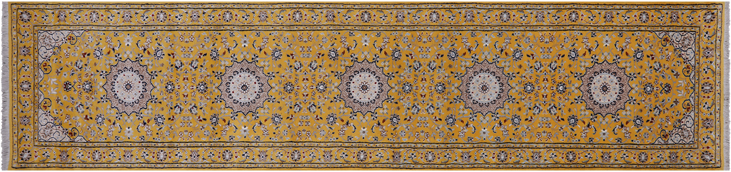 Gold 2' 8" X 11' 11" Runner Persian Nain Handmade Wool & Silk Rug - Q24084