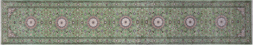 Green 2' 9" X 16' 2" Runner Persian Nain Hand-Knotted Wool & Silk Rug - Q24085