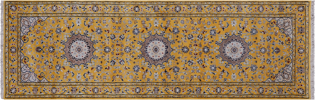Gold 2' 8" X 8' 2" Wool & Silk Runner Persian Nain Handmade Rug - Q24086