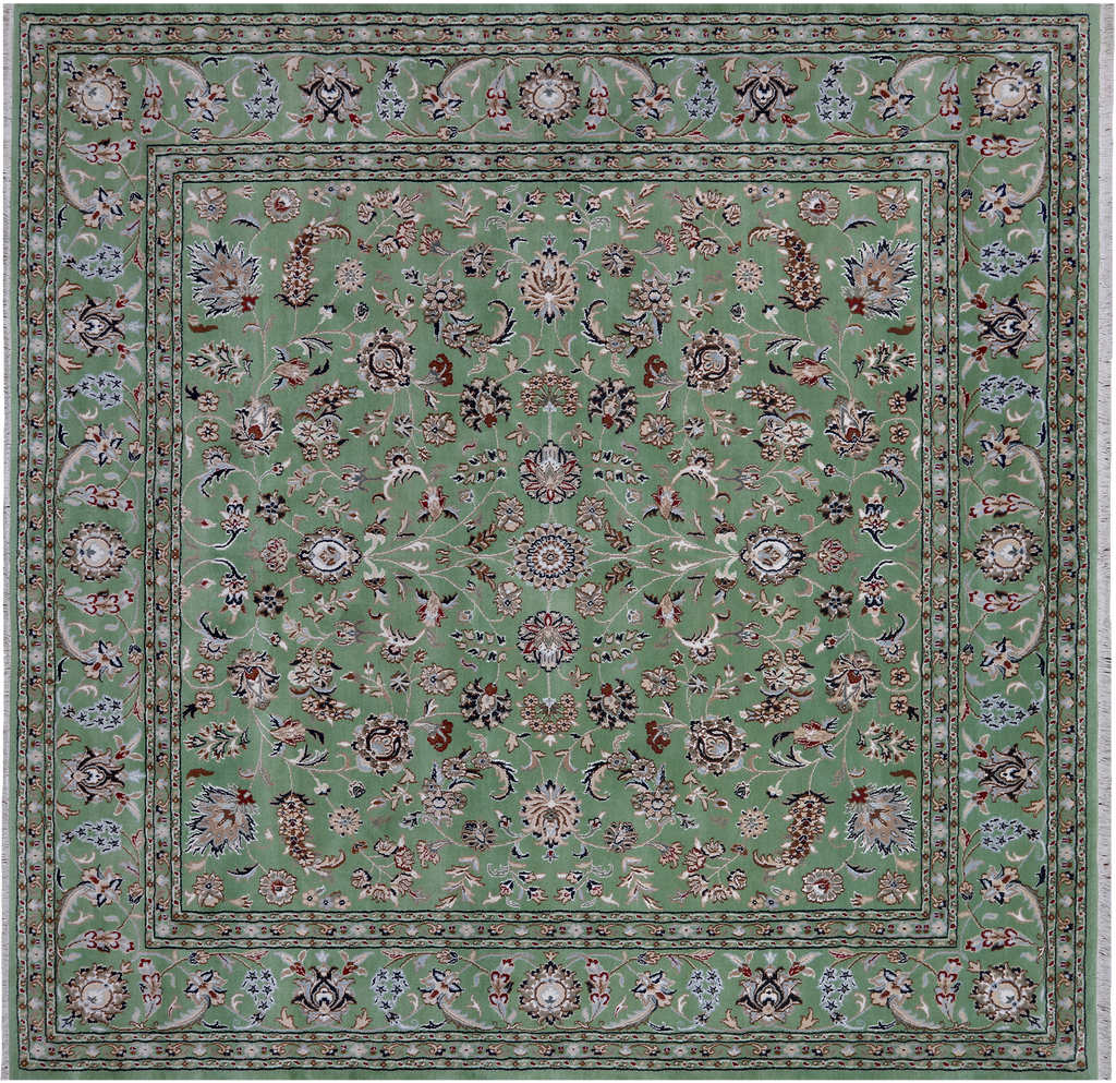 Green 8' Square Persian Nain Hand-Knotted Wool & Silk Rug - Q24088