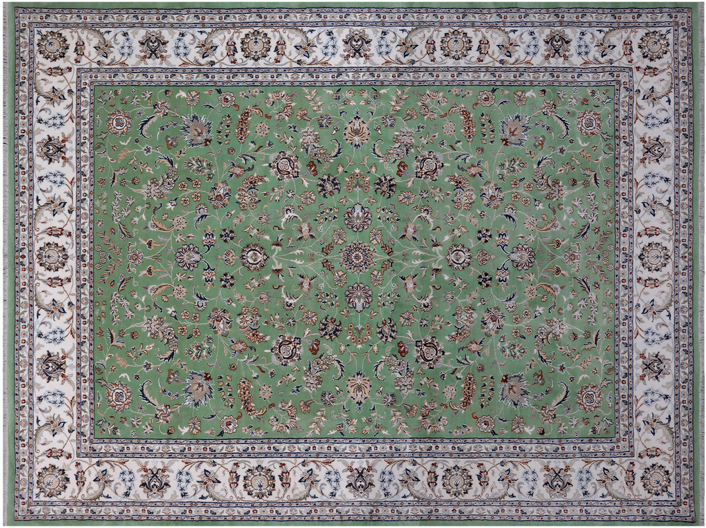 Green 9' 1" X 12' 0" Persian Nain Hand Knotted Wool & Silk Rug - Q24089