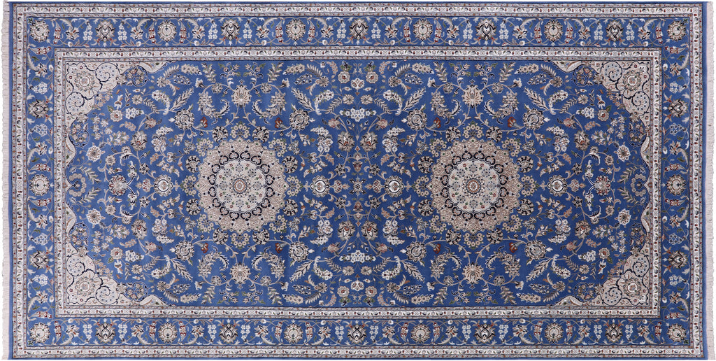 Blue 9' 1" X 19' 8" Handmade Persian Nain Wool & Silk Rug - Q24090