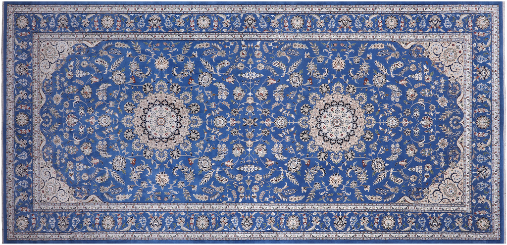 Blue 9' 1" X 19' 8" Handmade Persian Nain Wool & Silk Rug - Q24090