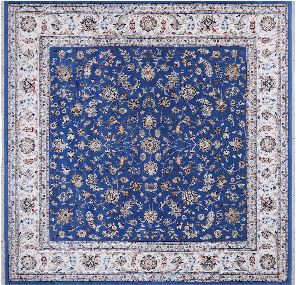 Blue 10' Square Persian Nain Hand Knotted Wool & Silk Rug - Q24091