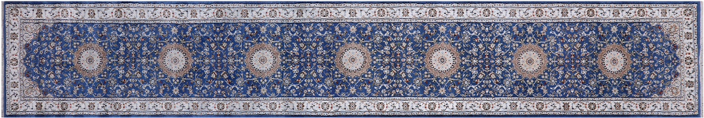 Blue 2' 8" X 16' 2" Runner Persian Nain Handmade Wool & Silk Rug - Q24093