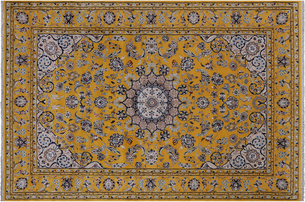 Gold 6' 0" X 9' 0" Persian Nain Handmade Wool & Silk Rug - Q24099