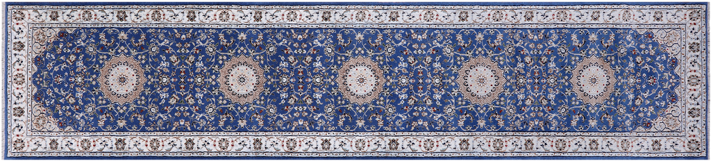 Blue 2' 8" X 11' 10" Runner Wool & Silk Persian Nain Handmade Rug - Q24100